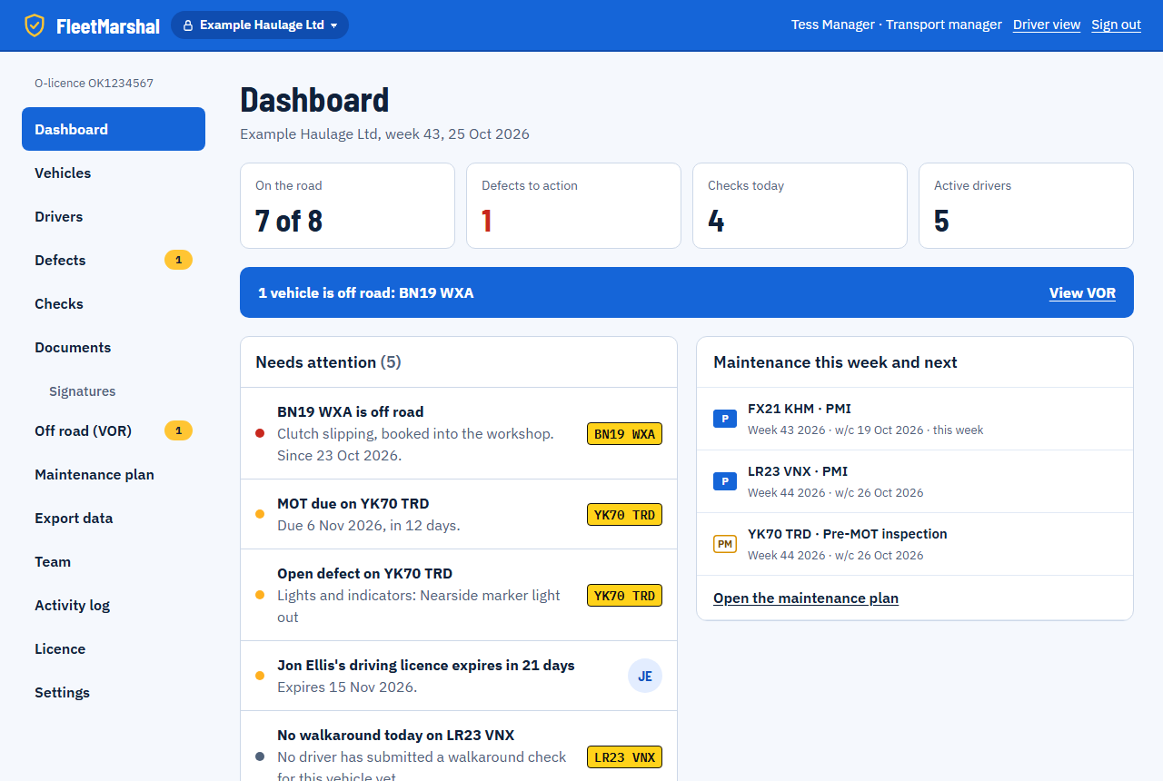 The FleetMarshal dashboard: vehicles on the road, defects to action, today's checks, what needs attention and this week's maintenance.