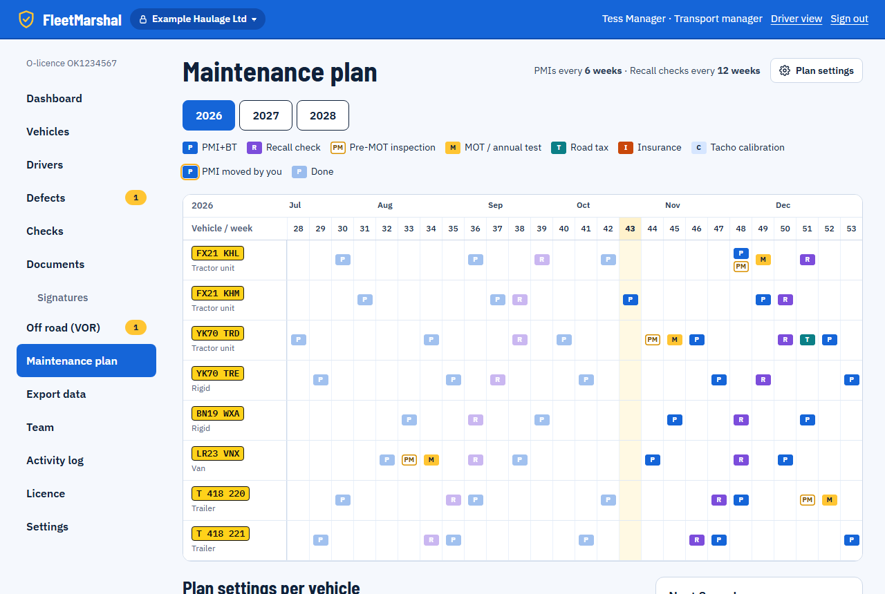 The maintenance plan: one row per vehicle with its PMIs, recall checks, MOT, tax and tacho dates by week.